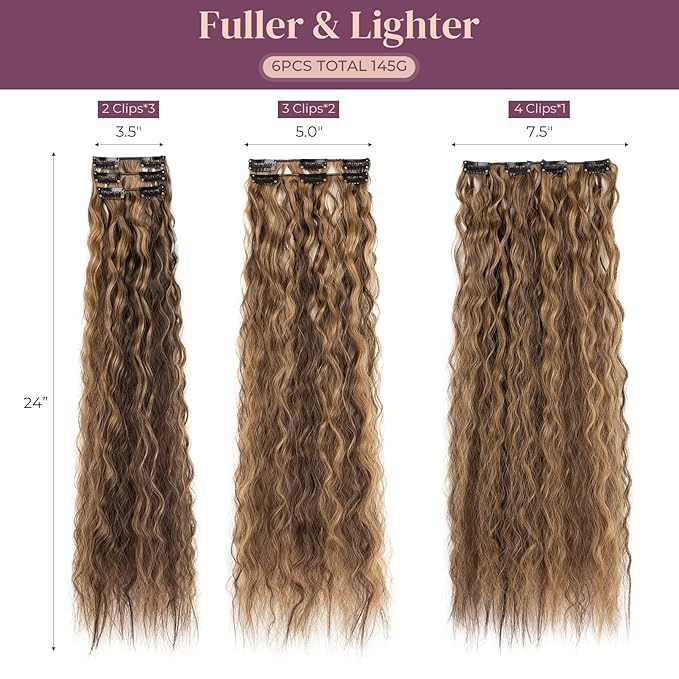 LONAI Clip In Hair Extensions, 6PCS Curly 24" Long Synthetic Clip On Hairpiece For Women-Chocolate Brown with Caramel Blonde Highlights