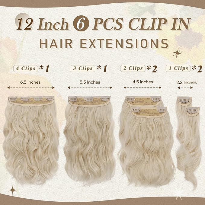 BARSDAR 12 Inch Wavy Platinum Blonde Clip in Hair Extensions - 6PCs Short Wavy Platinum Blonde Clip in Hair Extensions for Women - Full Head Thick Soft Synthetic Hairpieces Daily Party