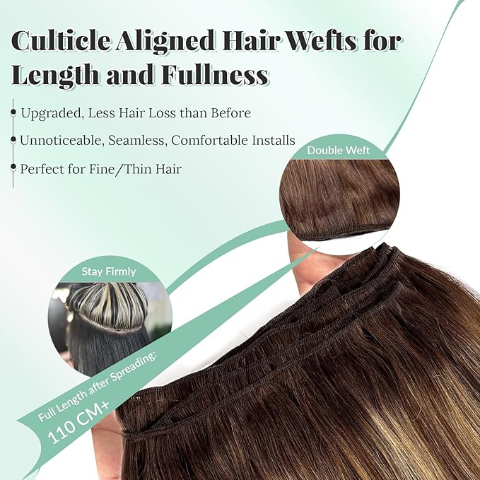 Sew in Hair Extensions Real Human Hair Medium Brown Mixed Caramel Blonde Balayage Weft Hair Extensions Human Hair 18 inch 100G Straight Bundle Double Weft Sew in Wefts Brown with Blonde Highlights