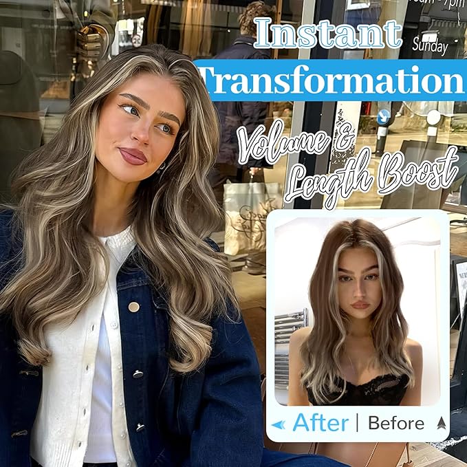 KooKaStyle Invisible Wire Hair Extensions Long Wavy Layered Synthetic with Transparent Headband Adjustable Size 6 Secure Clips Hairpieces for Women (20 Inch, Medium Brown Mix Ash Blonde)