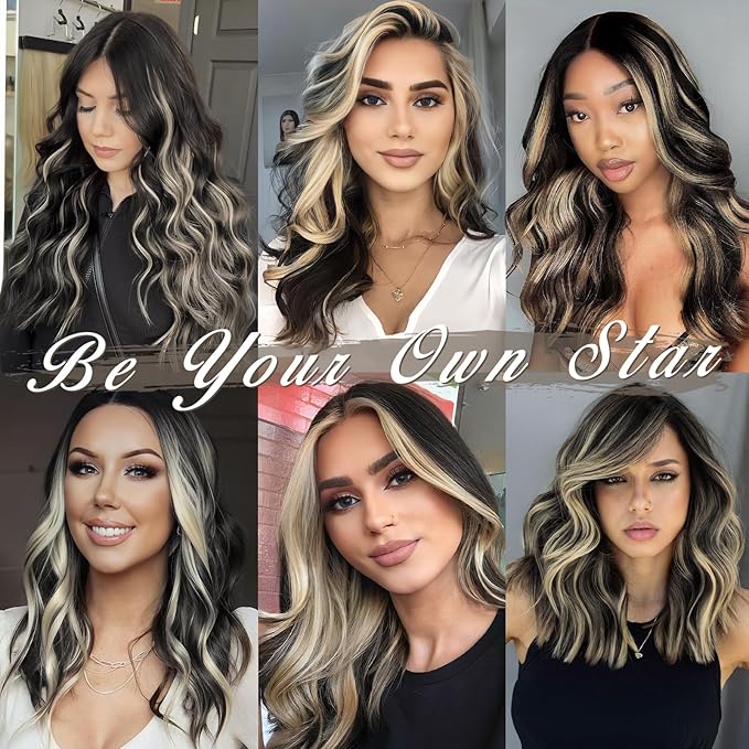 BARSDAR Short Wavy Clip in Hair Extensions - 14 Inch Black Blonde Highlights Hair Extensions for Women - 5PCs Thick Soft Synthetic Clip in Hairpieces Daily Party - Black with Blonde Highlights