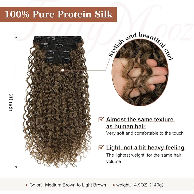 Flufymooz Clip in Hair Extensions, 4PC 100％ Pure Protein Silk Hair Extensions Long Soft Natural Hairpiece 20 Inch Curly Hair Extension for Women-Medium Brown to Light Brown