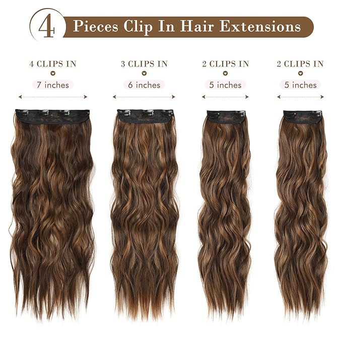 REECHO Hair Extensions, 4PCS Clip in Hair Extensions HE001 Natural Soft Synthetic Hairpieces for Women, Chocolate Brown with Golden Highlights