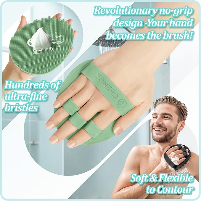Soft Silicone Bath Gloves 2PC, 360° Anti-Slip & Enlarged Silicone Body Scrubber for Rich Foaming Deep Cleaning, Revolutionary No-Grip & Hand-fit Shower Scrubber for All Skin Types(Black+Green)