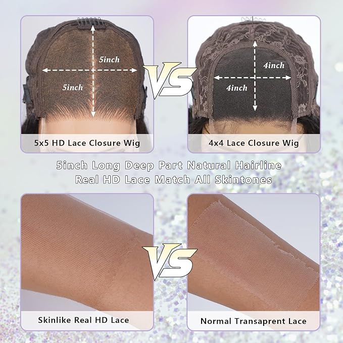 NESMON 5x5 Real SKINLIKE HD Lace Closure Wig, Straight 200% Density Wig 0.10mm Ultra-thin Swiss Lace Pre-plucked Bleached Small Knots Natural Black Human Hair Wigs for Women 28 Inch