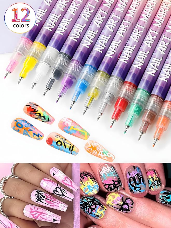 Fine Tips 3D Nail Art Pens, 12 Colors 0.5 MM Nail Marker Pens Nail Point Graffiti Dotting Drawing Painting Liner Pen for Home Salon Quickly Dry Nail Art Christmas Gift