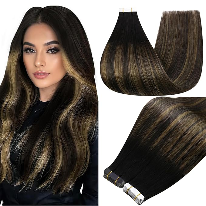 Full Shine Seamless Tape in Hair Extensions Color 1B/6/1B Invisible Tape ins Human Hair Extensions 20 Inch Remy Extensions Human Hair 50 Gram Straight Natural Hair Extension 20Pcs for Wedding