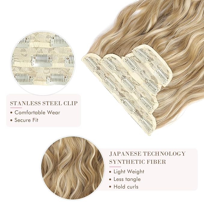 REECHO Hair Extensions, 4PCS Clip in Hair Extensions HE001 Natural Soft Synthetic Hairpieces for Women (20 Inch-200 Gram (Pack of 4), Golden Blonde with Highlights)
