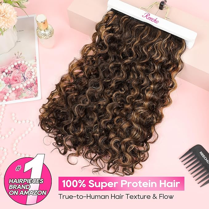 REECHO Curly Hair Extensions - 4PCS 14" GoGo Curly Clip in Hair Extensions 100% Super Protein Hairpieces with Invisible Lace Weft Silky Soft Natural Look - Chocolate Brown with Golden Highlights