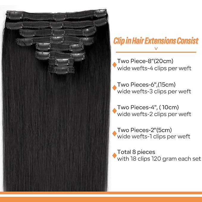 Straight Clip In Hair Extensions Real Human Hair 8Pcs Clip In Jet Black Human Hair Extensions with 18Clips Lace Weft 120g 16inch