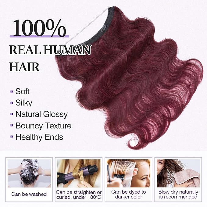 Halo Hair Extensions Real Human Hair,Halo Hair Extension 100% Human Hair,Wire Hair Extensions,Wavy 99J Burgundy Wine Red 65g/16inch