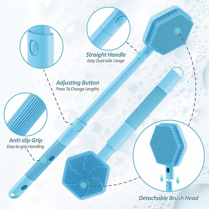 Silicone Back/Face Scrubber & Bath Glove Set 3PCS, Extendable Back Scrubber with Dual-Side Large Head, 360° Anti-Slip Bath Glove, Unique Side-Bristle Face Scrubber for All-Round Cleaning(Blue)