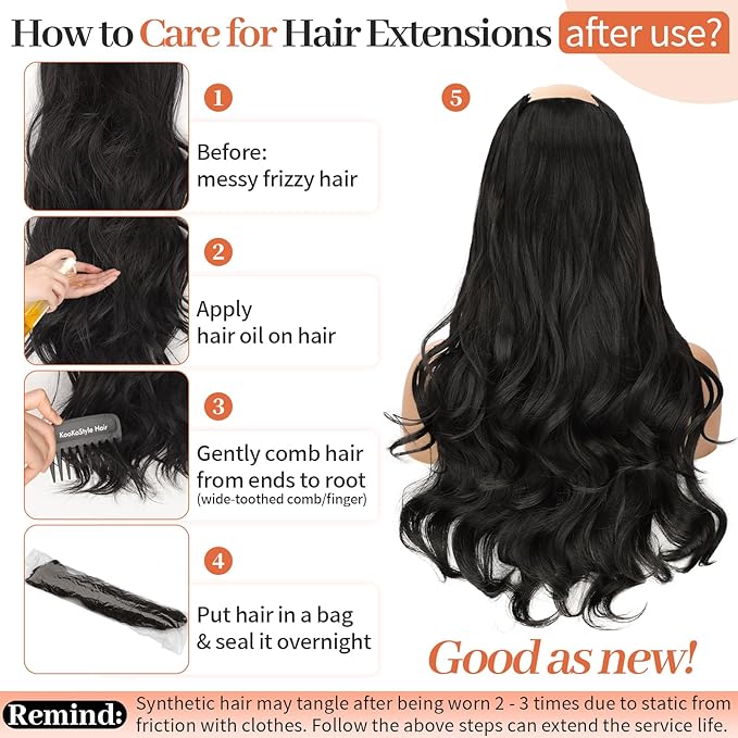 Kookastyle clip in hair extensions 4 pcs natural long Synthetic wavy curly hairpieces Layered soft invisible for women Natural Black 20 inch