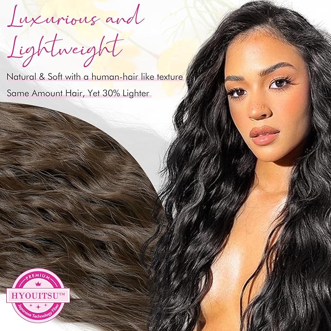Hair Extensions, REECHO 9PCS Clip in Hair Extensions 24" Thick Long Mini Mermaid Wave Luxurious Lightweight Japanese Technology HYOUITSU Fiber Invisible Soft Lace Weft - HE009 Chestnut Brown