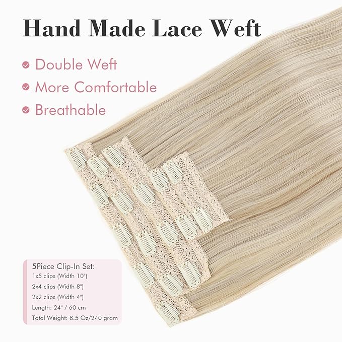 REECHO Clip in Hair Extensions, Hair Extensions Thick Long Lace Weft Lightweight Synthetic Hairpieces for Women (24 Inch-240 Gram(Pack of 5), Dark Ash Blonde)