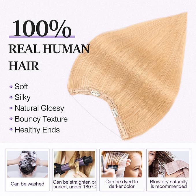 Halo Hair Extensions Real Human Hair,Halo Hair Extension 100% Human Hair, Wire Hair Extensions,Straight 24 Honey Blonde 18inch/65g