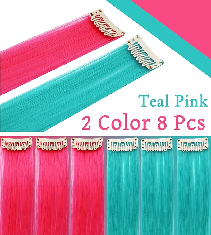 Rhyme Multi-color Hair Extensions for Girls Princess Party Highlight 21 inch Colored Hair Extensions Clip in/on for Girls and Kids Wig Pieces 8PCS (Teal Pink)