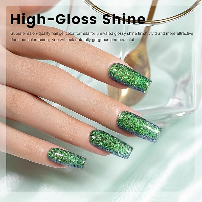 RARJSM Chameleon Gel Nail Polish Green to Purple Multichrome Big Flakes Color Changing Glitter Chrome GelPolish Curing Requires Sparkle Shimmer Nail Gel Varnish Soak Off DIY at Home Salon 15ml