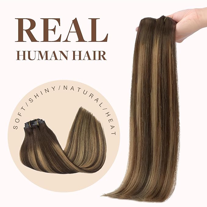 GOO GOO Clip in Hair Extensions Real Human Hair, Remy Human Hair Extensions Clip ins for Women, Natural Human Hair, 24inch 220g 9Pcs, #4/27/4 Balayage Chocolate Brown to Caramel Blonde