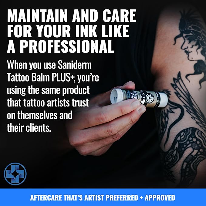 Saniderm Tattoo Aftercare Balm PLUS+ - Small (0.6 oz) – Petroleum Free, Organic Tattoo Moisturizer Infused with Colloidal Silver, Lavender Oil, and Other Natural Ingredients