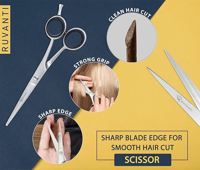 Ruvanti Hair Scissors - Professional Hair Cutting Scissors for Salon & Home Use, Sharp Edge Stainless Steel Barber Scissors, 6.5” Overall lenght with Comfortable & Smooth Grip