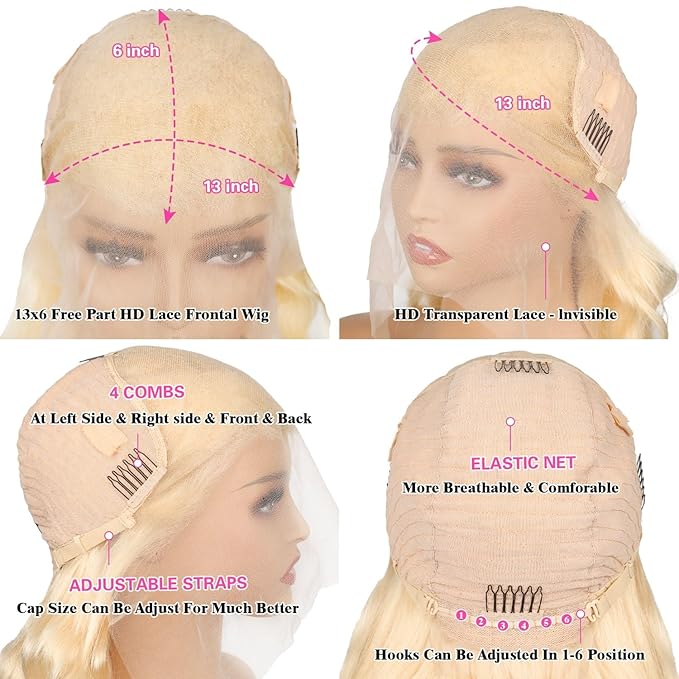 200 Density 613 13x6 HD Lace Front Wigs Human Hair 12A 613 Body Wave Lace Front Wigs Human Hair Pre Plucked Wet And Wavy Blonde Wig Body Wave Frontal Wig 13X6 For Black Women Natural Hairline 28 Inch