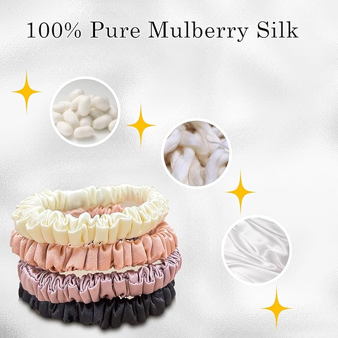 100% Silk Hair Ties – 8Pcs Pure Mulberry Silk Hair Scrunchies Smooth Skinny Small Hair Ties for Women, Soft Hair Bands Elastics for Sleeping, Frizz-Free