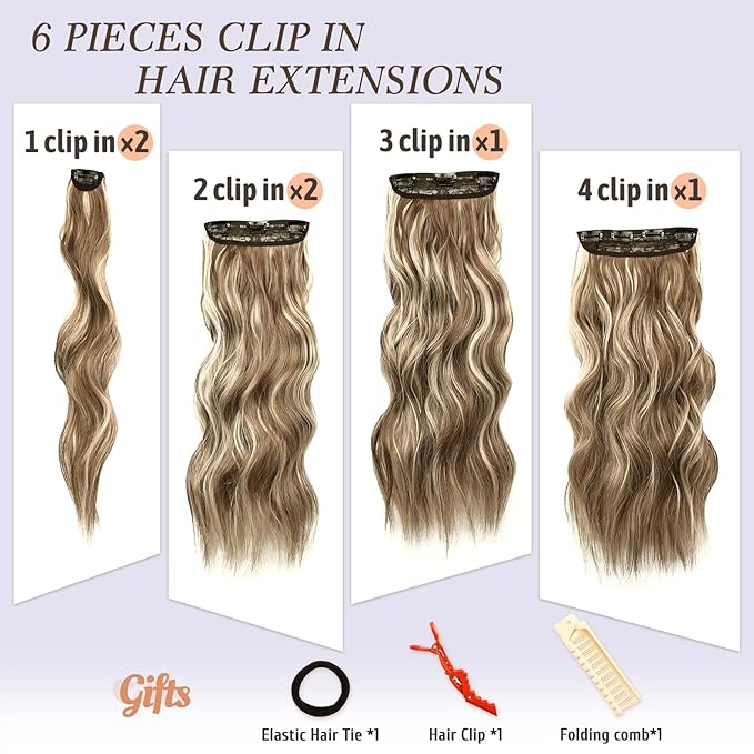 NAYOO Clip in Hair Extensions for Women 20 Inch Long Wavy Curly Medium Brown Ash Blonde Hairpieces Full Head Synthetic Hair Hairpieces (6PCS, Medium Brown Ash Blonde)