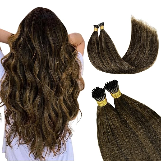 GOO GOO I Tip Hair Extensions, Real Human Hair, 20inch 100g 100S, Cold Fusion I Tip, Invisible Remy, Brown Sugar Swirl Highlights