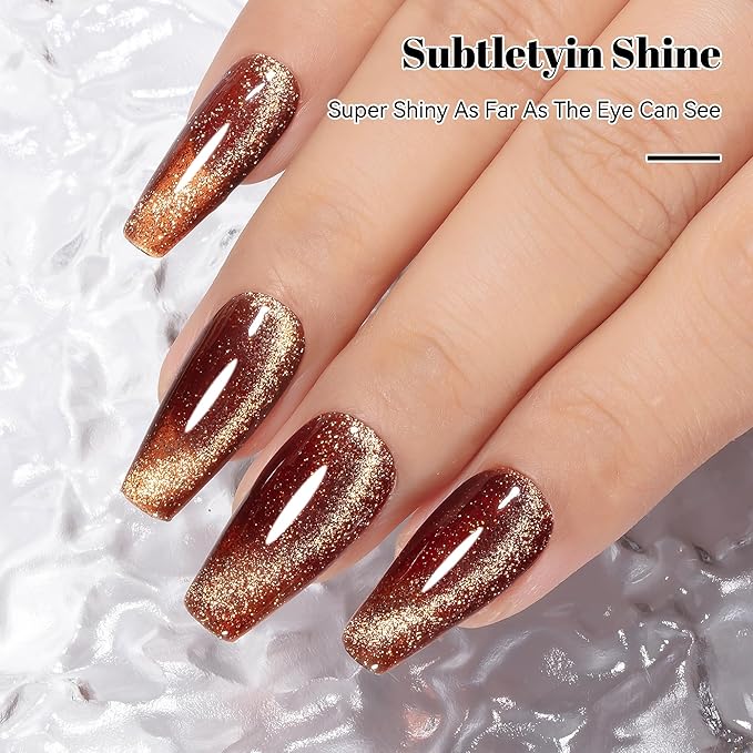 YTD Likomey Platinum Cat Eye Gel Nail Polish,15ml Brown Magnetic Reflective Flash Sparkle Glitter Shiny Salon Home Fall Winter Fall Winter UV Color Varnish with Magnet Stick,HEMA Free TPO Free,MY511