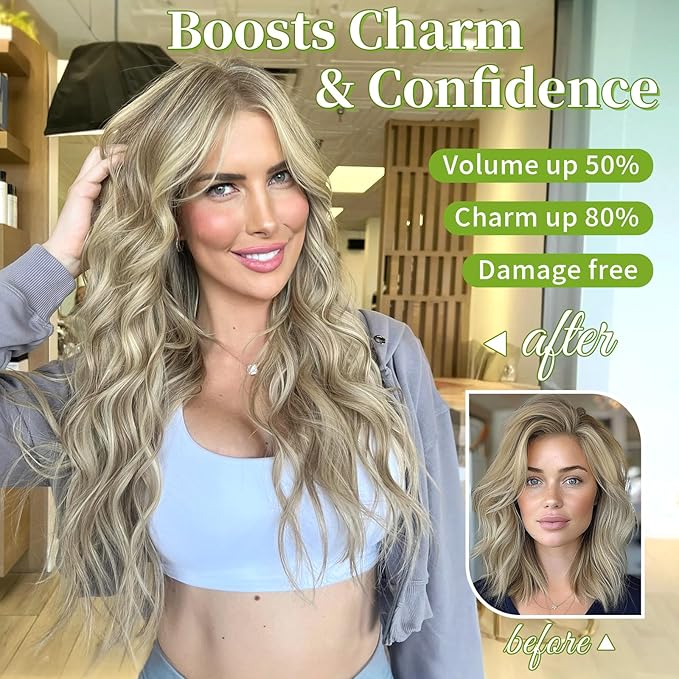 KooKaStyle Invisible Wire Hair Extensions with Transparent Headband Adjustable Size 4 Secure Clips Long Wavy Secret Wire Synthetic Hairpiece 20 Inch for Women(10H24#Dirty Blonde Mixed Bleach Blonde)