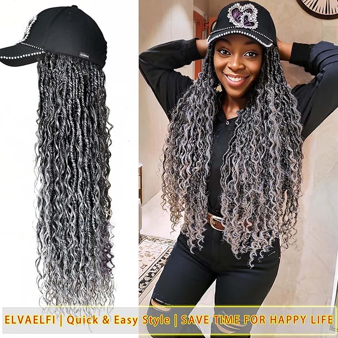 26" Boho Goddess River Locs Crochet Hair Extensions Gradient Grey, Shine Heart Baseball Cap Wigs for Women