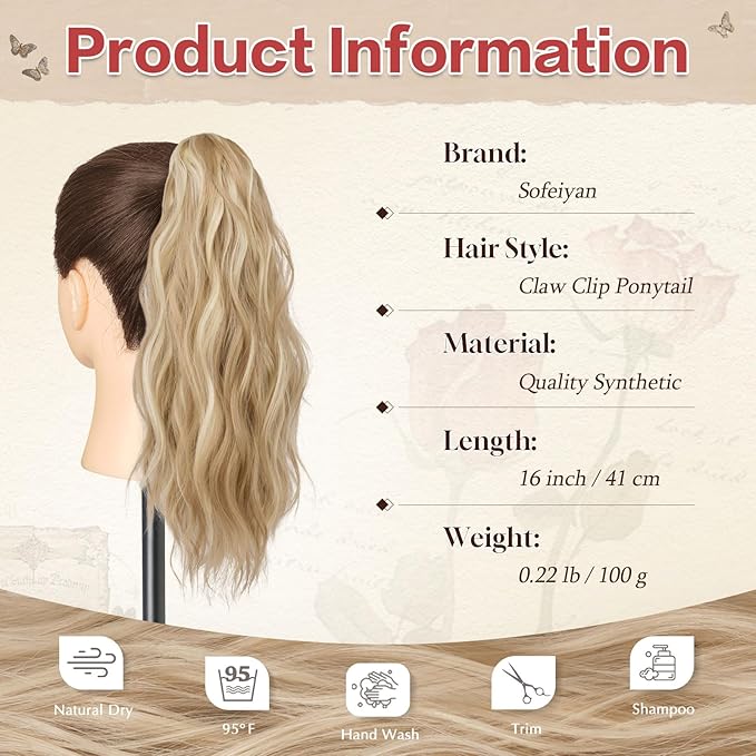 SOFEIYAN Ponytail Extension 16" Curly Wavy Claw Clip Ponytail Hair Extensions Small Claw Clip in Hairpiece Fluffy Clip on Pony Tails Jaw Clips for Women Synthetic Hairpiece, Ash Brown & Bleach Blonde