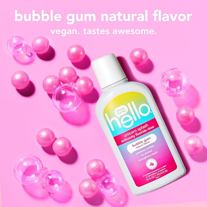 Hello Kids Mouthwash with Unicorn Bubble Gum Flavor, Alcohol Free Mouthwash for Kids with Fluoride, Safe for Ages 6 and Up, Anticavity, Vegan, No Alcohol, No Dyes, 16 Oz Bottles (Pack of 3)