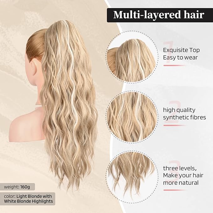 FLUFYMOOZ Ponytail Extension, 22 Inch Drawstring Ponytail Hair Extensions for Women， Long Curly Wavy Ponytail Natural Synthetic Hairpiece for Women (22 Inch Blonde with Blonde Highlights)