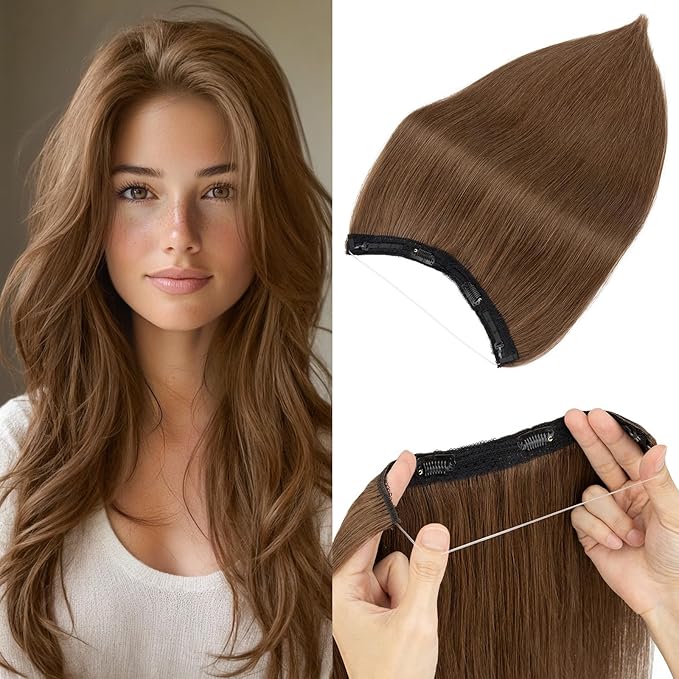 Halo Hair Extensions Real Human Hair,Halo Hair Extension 100% Human Hair, Wire Hair Extensions,Straight Warm Brown 14inch/60g