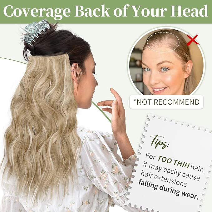 KooKaStyle Invisible Wire Hair Extensions with Transparent Wire Headband Adjustable Size 4 Secure Clips Long Wavy Hairpiece for Women(Beige Blonde mix Lvory Blonde Highlights16inch)