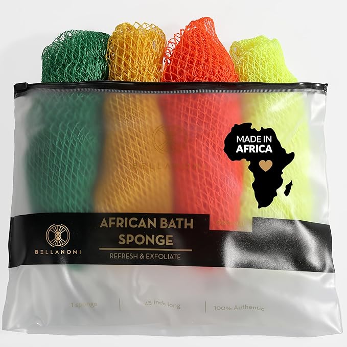BELLANOMI 4 Piece African Exfoliating Net Sponge Long African Bath Sponge, Authentic Ethically Sourced from Nigeria, Great for Daily Use (Key Lime, Yellow, Orange, Lemon)