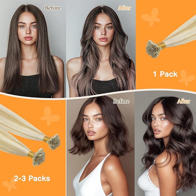 DOORES U Tip Hair Extensions Human Hair, Dark Blonde Highlighted Bleach Blonde 20 Inch 50g/50s, K Tip Extensions