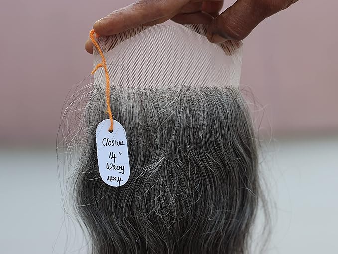 4x4 Closure 14" Salt & Pepper/Natural Gray Transparent Lace Hand Made with 100% Natural Indian Virgin Temple Raw Hair