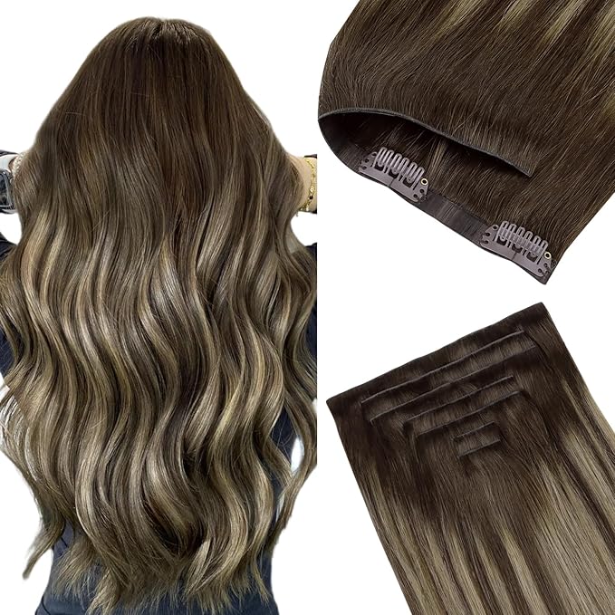 GOO GOO Invisi Edge Clip in Hair Extensions 14inch 130g 9Pcs Injected Seamless PU Clip in Hair Extensions, Virgin Real Human Hair, 4/26/4 Balayage Chocolate Brown to Honey Blonde