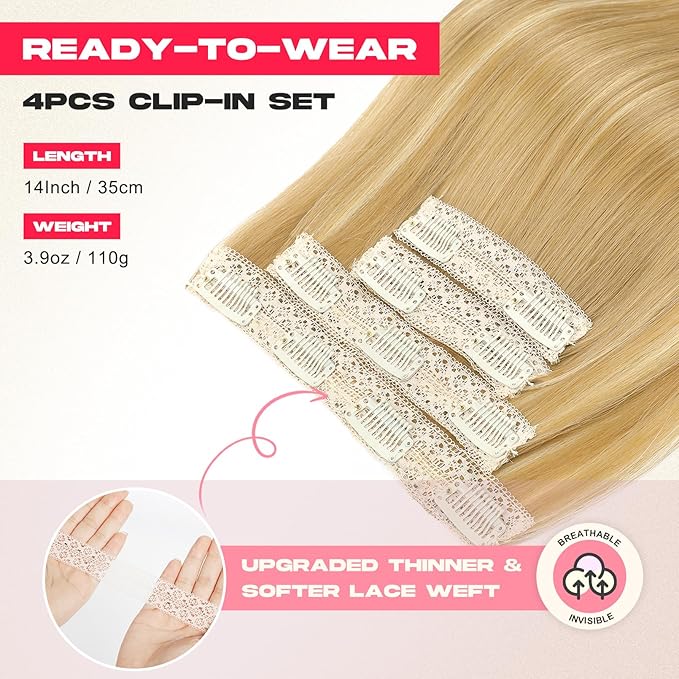 Hair Extensions, 14" Short Clip in Hair Extensions 4PCS Straight Natural Soft Synthetic Hairpiece for Women - Golden Blonde with Highlights