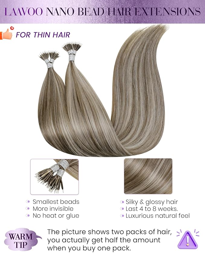 LaaVoo Nano Bead Hair Extensions Nano Ring Hair Extensions Light Blonde Highlight Golden Brown 50g/50s 24 Inch
