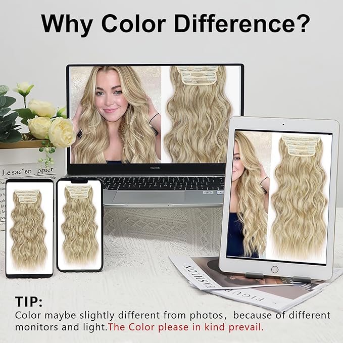 ALXNAN Clip in Long Wavy Synthetic Hair Extension 24 Inch Dirty Blonde 4PCS Thick Hairpieces Fiber Double Weft Hair for Women