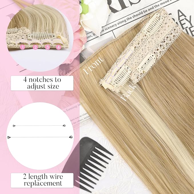 Invisible Wire Hair Extensions with Transparent Wire Adjustable Size 4 Secure Clips Long Wavy Secret Hairpiece 20 Inch for Women(Beige Blode)