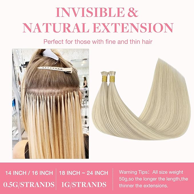GOO GOO I Tip Hair Extensions, Real Human Hair, 20inch 50g, Cold Fusion, Invisible Remy, 17A/60A Ash Blonde Highlighted Platinum Blonde