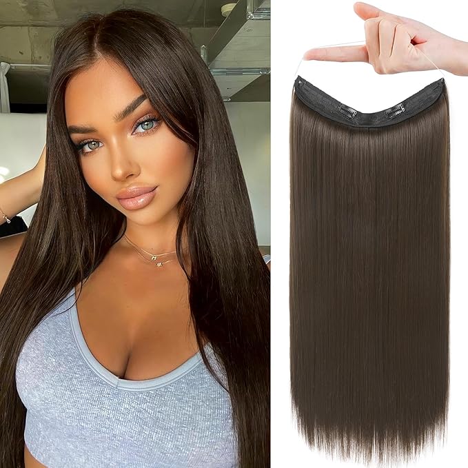 REECHO Invisible Wire Hair Extensions with Transparent Headband Adjustable Size Removable Secure Clips in Straight Secret Hairpiece for Women (24 Inch (Pack of 1), Chestnut Brown)