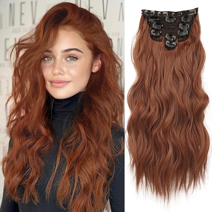 NAYOO Clip in Hair Extensions for Women 20 Inch Long Wavy Curly Auburn Hairpieces Full Head Synthetic Hair Hairpieces(6PCS,Auburn)