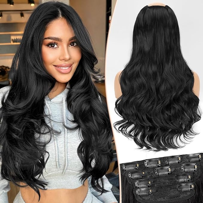 Kookastyle Clip in Hair Extensions 4 pcs Natural Long Synthetic Curly Hairpieces Layered Soft Invisible for Women Black 20 Inch