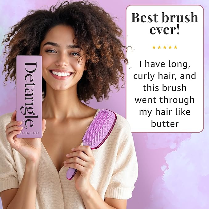 Lily England Curly Detangler Brush for Women - Pain-free Detangling Brush for Wet & Dry Hair With Flexible Bristles - Easy-to-Hold Hairbrush for Women with 3c & 4c Curls - Purple Glitter